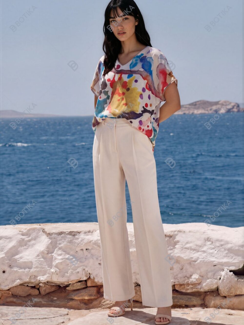 Spring Splatter Abstract Art V‑Neck Blouse – Rare VIDA × Noora Elkoussy Collab